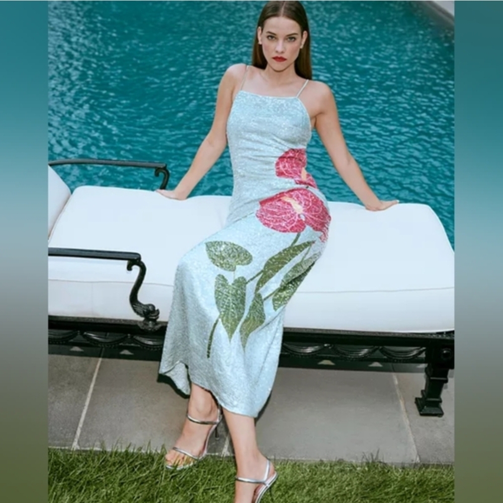 FARM Rio Mint Sequin Maxi Dress with Pink Floral - Picture 8 of 10